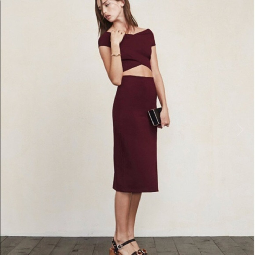 Reformation Gwen Two-Piece, open midriff, burgundy, can wear off-shoulder